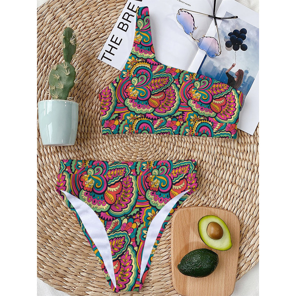 Retro Psychedelic Hippie Pattern Print One Shoulder Bikini Top