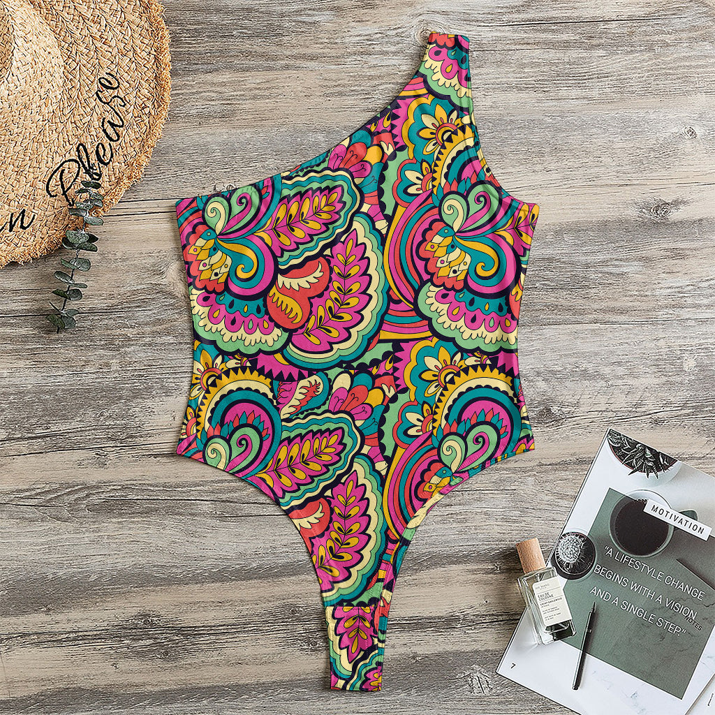 Retro Psychedelic Hippie Pattern Print One Shoulder Bodysuit