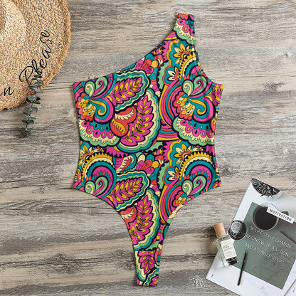 Retro Psychedelic Hippie Pattern Print One Shoulder Bodysuit