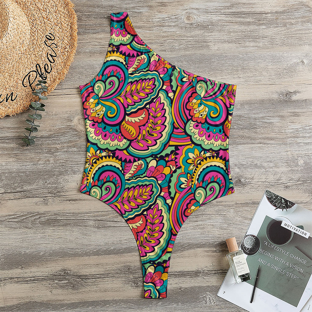 Retro Psychedelic Hippie Pattern Print One Shoulder Bodysuit