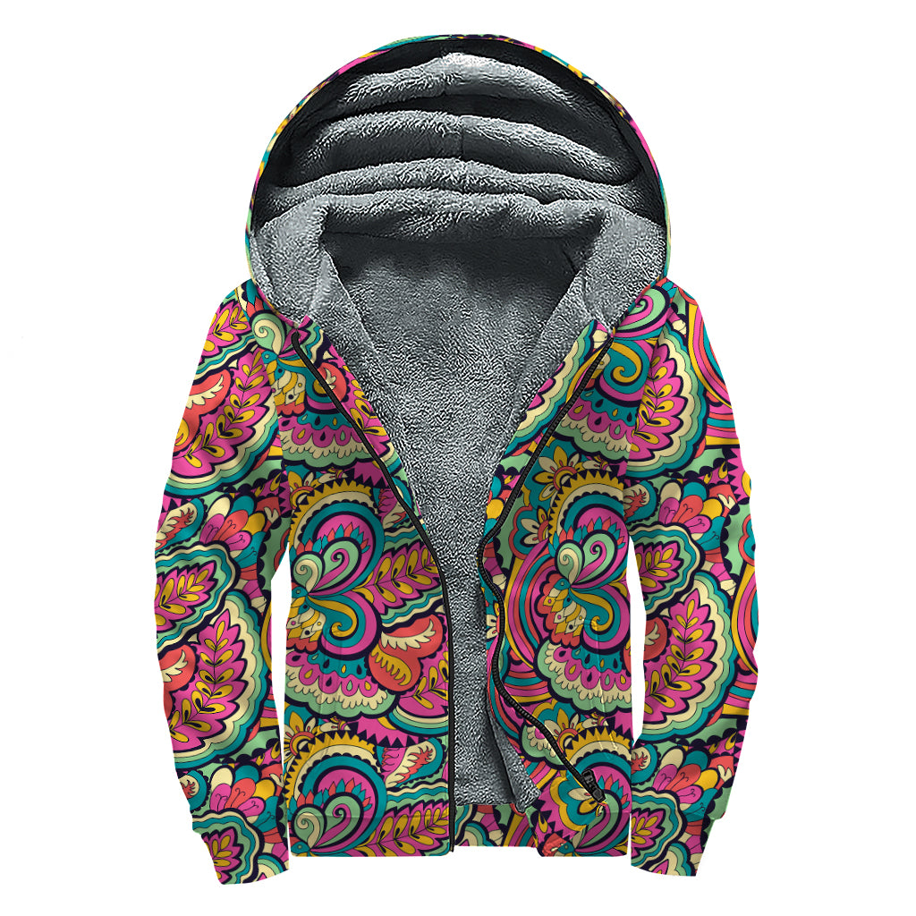 Retro Psychedelic Hippie Pattern Print Sherpa Lined Zip Up Hoodie