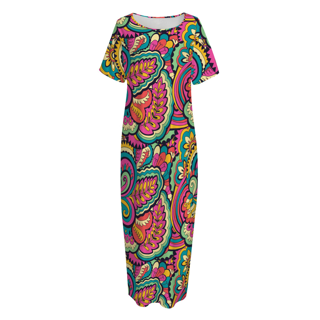 Retro Psychedelic Hippie Pattern Print Short Sleeve Long Nightdress