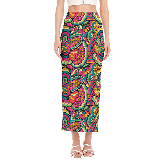 Retro Psychedelic Hippie Pattern Print Side Slit Maxi Skirt
