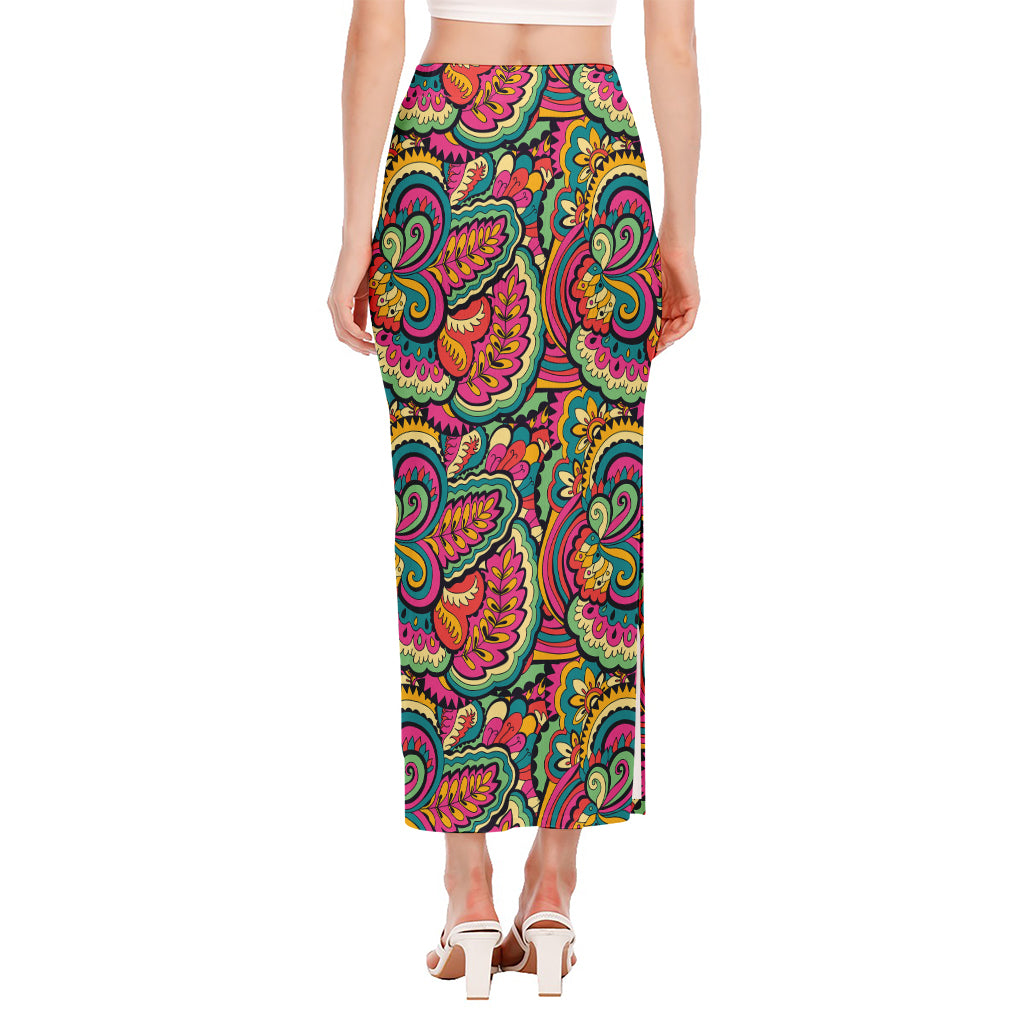 Retro Psychedelic Hippie Pattern Print Side Slit Maxi Skirt