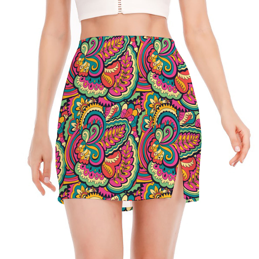 Retro Psychedelic Hippie Pattern Print Side Slit Mini Skirt