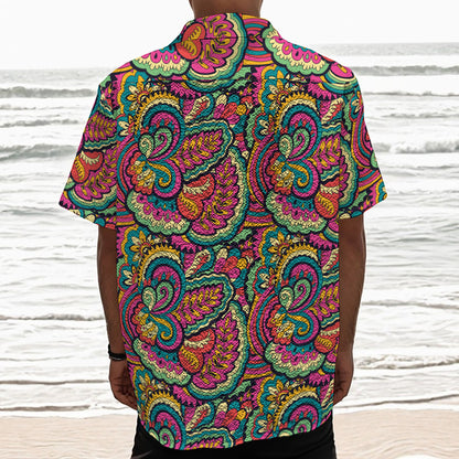 Retro Psychedelic Hippie Pattern Print Textured Short Sleeve Shirt