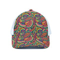 Retro Psychedelic Hippie Pattern Print White Mesh Trucker Hat