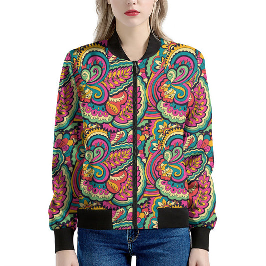Retro Psychedelic Hippie Pattern Print Women's Bomber Jacket