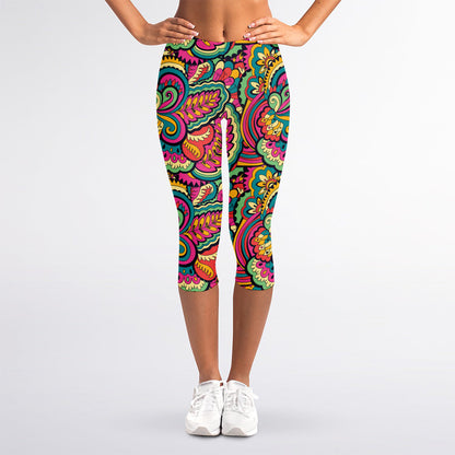 Retro Psychedelic Hippie Pattern Print Women's Capri Leggings