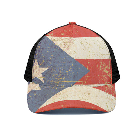 Retro Puerto Rican Flag Print Black Mesh Trucker Cap