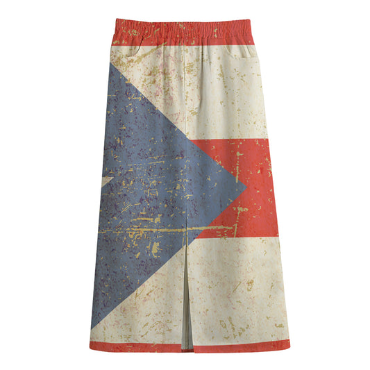 Retro Puerto Rican Flag Print Cotton Front Slit Maxi Skirt