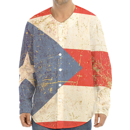 Retro Puerto Rican Flag Print Long Sleeve Baseball Jersey