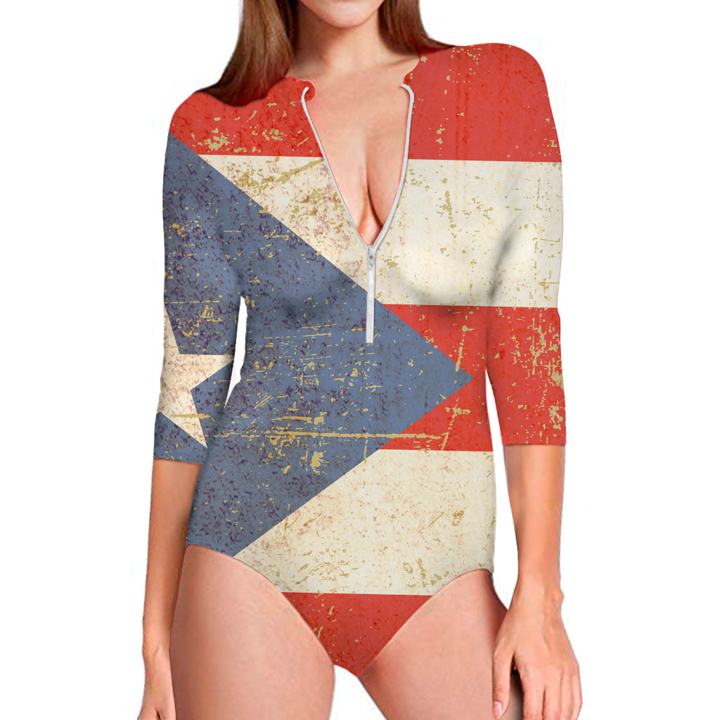 Retro Puerto Rican Flag Print Long Sleeve Swimsuit