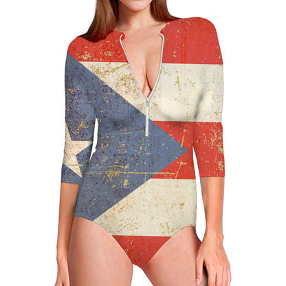 Retro Puerto Rican Flag Print Long Sleeve Swimsuit
