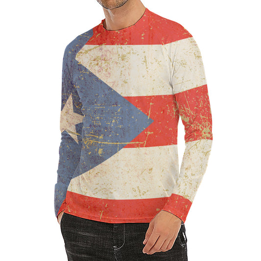 Retro Puerto Rican Flag Print Men's Long Sleeve Rash Guard
