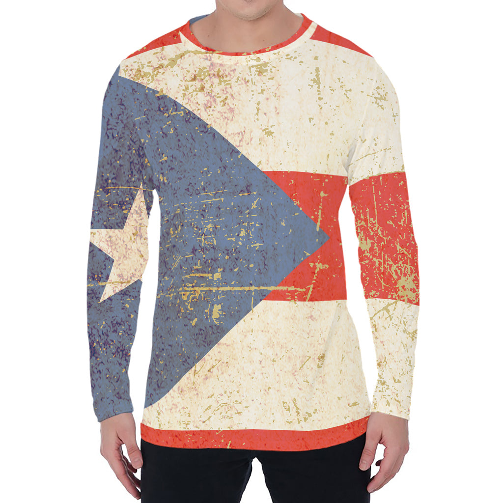 Retro Puerto Rican Flag Print Men's Long Sleeve T-Shirt