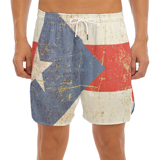 Retro Puerto Rican Flag Print Men's Split Running Shorts