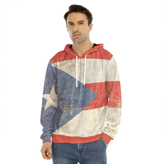 Retro Puerto Rican Flag Print Men's Velvet Pullover Hoodie