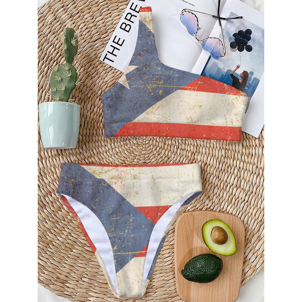 Retro Puerto Rican Flag Print One Shoulder Bikini Top