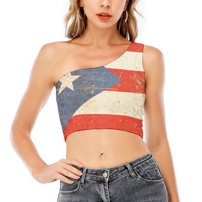 Retro Puerto Rican Flag Print One Shoulder Crop Top