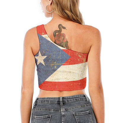 Retro Puerto Rican Flag Print One Shoulder Crop Top