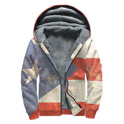 Retro Puerto Rican Flag Print Sherpa Lined Zip Up Hoodie