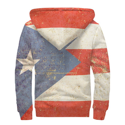Retro Puerto Rican Flag Print Sherpa Lined Zip Up Hoodie