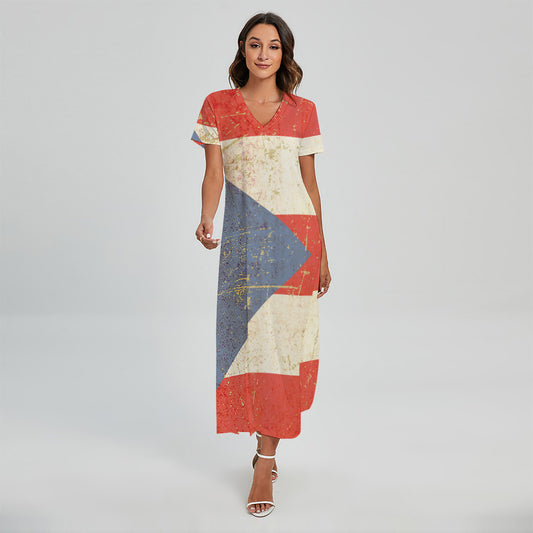 Retro Puerto Rican Flag Print Short Sleeve Maxi Dress