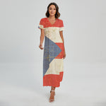 Retro Puerto Rican Flag Print Short Sleeve Maxi Dress