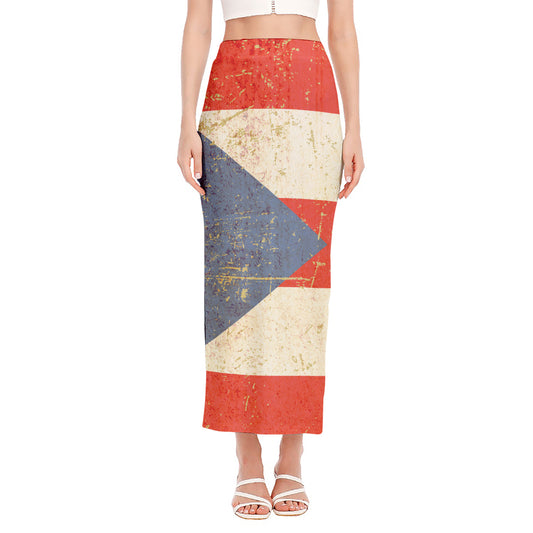 Retro Puerto Rican Flag Print Side Slit Maxi Skirt
