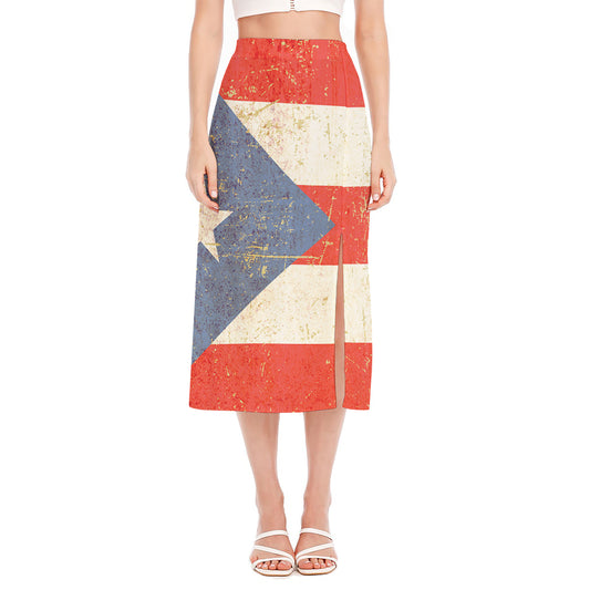 Retro Puerto Rican Flag Print Side Slit Midi Skirt