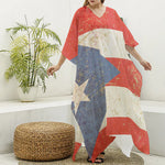 Retro Puerto Rican Flag Print Silk V-Neck Kaftan Dress