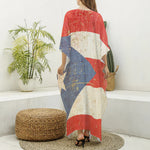 Retro Puerto Rican Flag Print Silk V-Neck Kaftan Dress