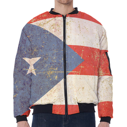 Retro Puerto Rican Flag Print Zip Sleeve Bomber Jacket