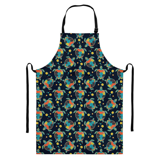 Retro Sea Turtle Pattern Print Bib Apron With Pocket