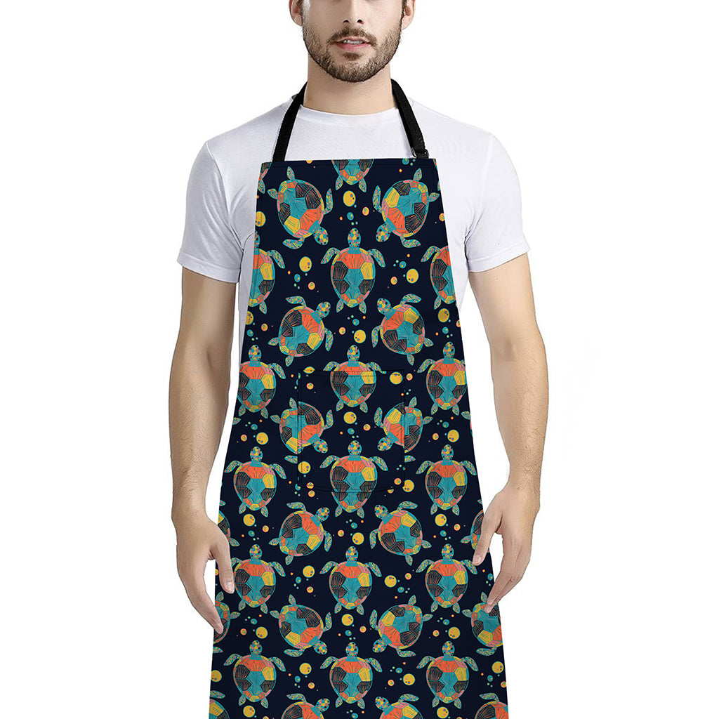 Retro Sea Turtle Pattern Print Bib Apron With Pocket