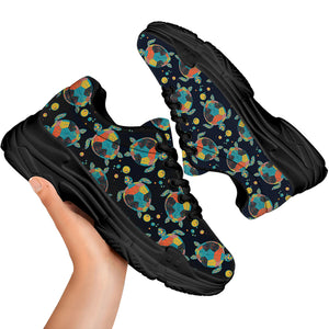 Retro Sea Turtle Pattern Print Black Chunky Shoes