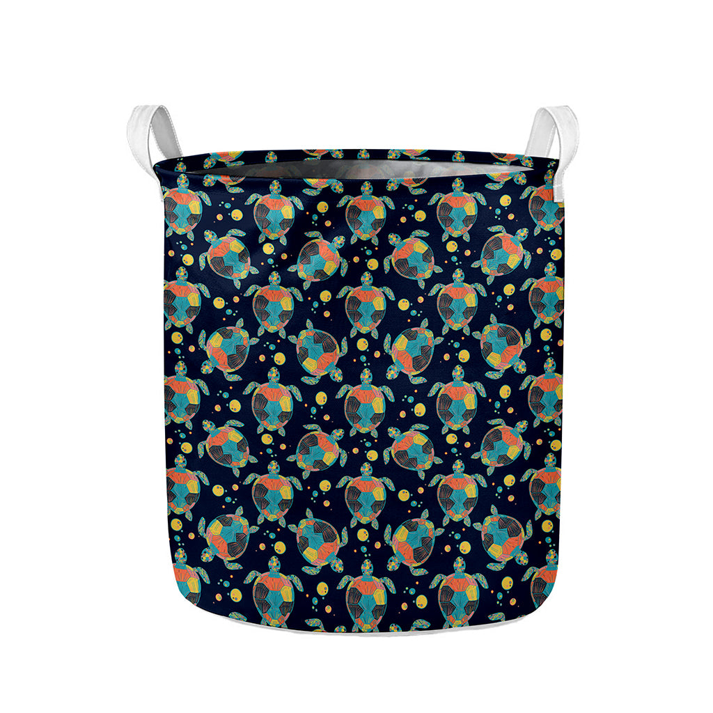 Retro Sea Turtle Pattern Print Collapsible Laundry Basket