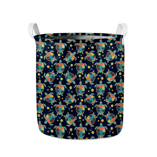 Retro Sea Turtle Pattern Print Collapsible Laundry Basket