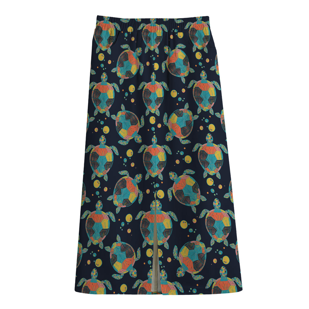 Retro Sea Turtle Pattern Print Cotton Front Slit Maxi Skirt