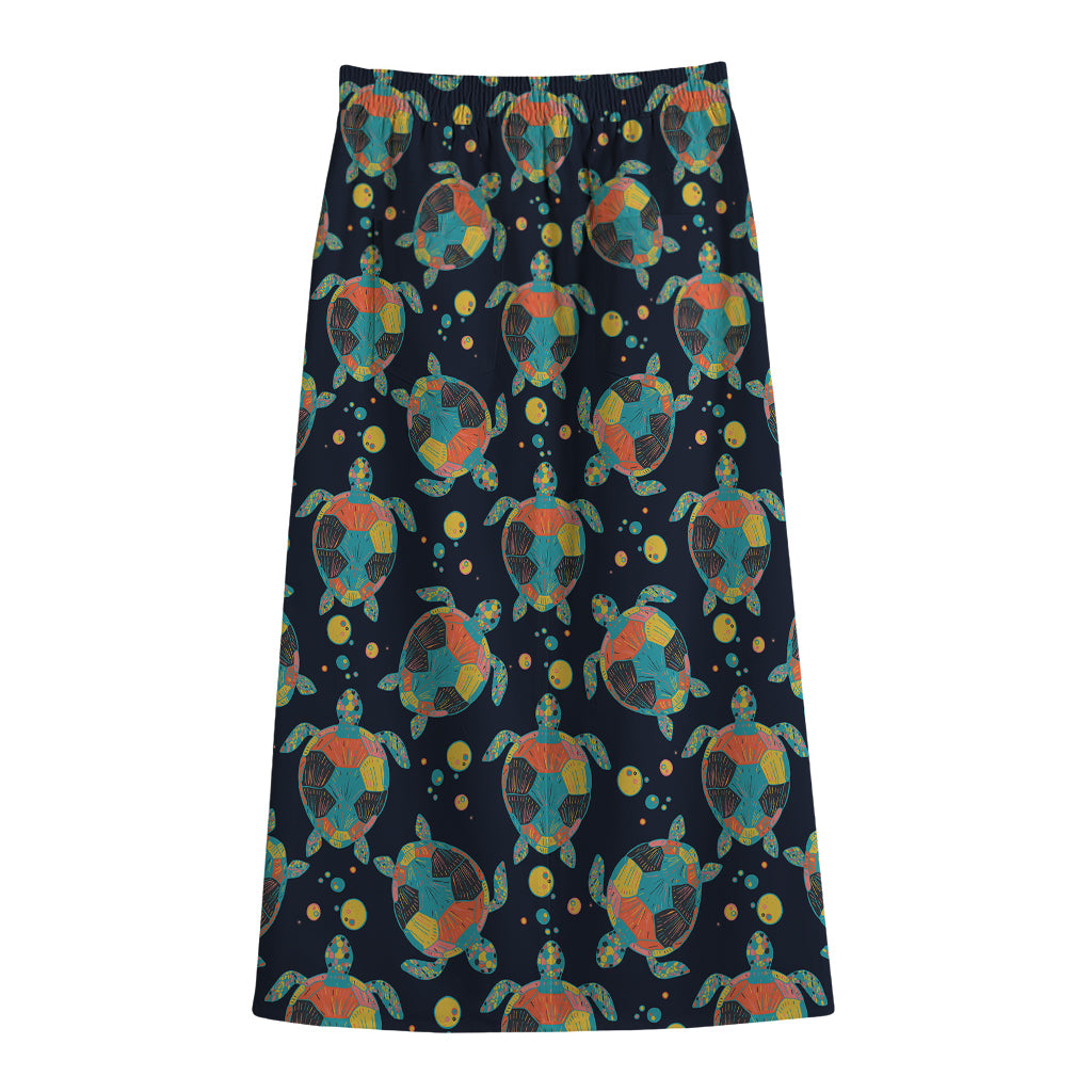 Retro Sea Turtle Pattern Print Cotton Front Slit Maxi Skirt