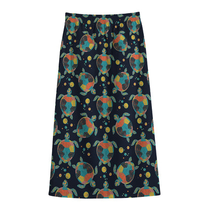 Retro Sea Turtle Pattern Print Cotton Front Slit Maxi Skirt