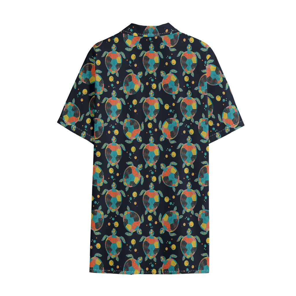 Retro Sea Turtle Pattern Print Cotton Hawaiian Shirt