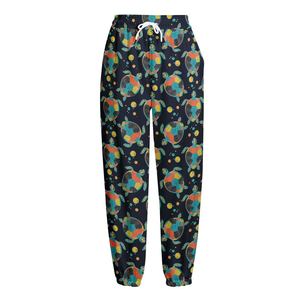 Retro Sea Turtle Pattern Print Fleece Lined Knit Pants