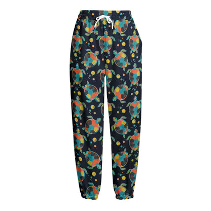 Retro Sea Turtle Pattern Print Fleece Lined Knit Pants