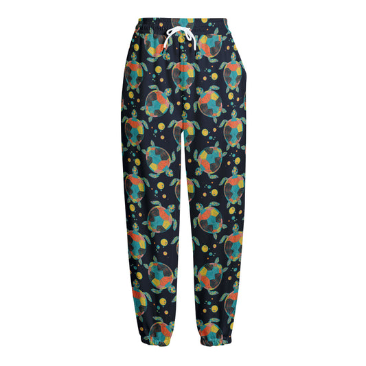 Retro Sea Turtle Pattern Print Fleece Lined Knit Pants