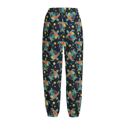 Retro Sea Turtle Pattern Print Fleece Lined Knit Pants