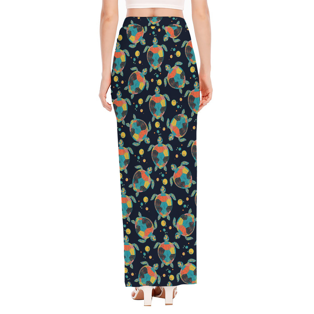 Retro Sea Turtle Pattern Print High Slit Maxi Skirt