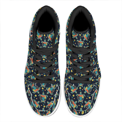 Retro Sea Turtle Pattern Print High Top Leather Sneakers