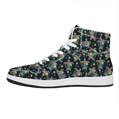 Retro Sea Turtle Pattern Print High Top Leather Sneakers
